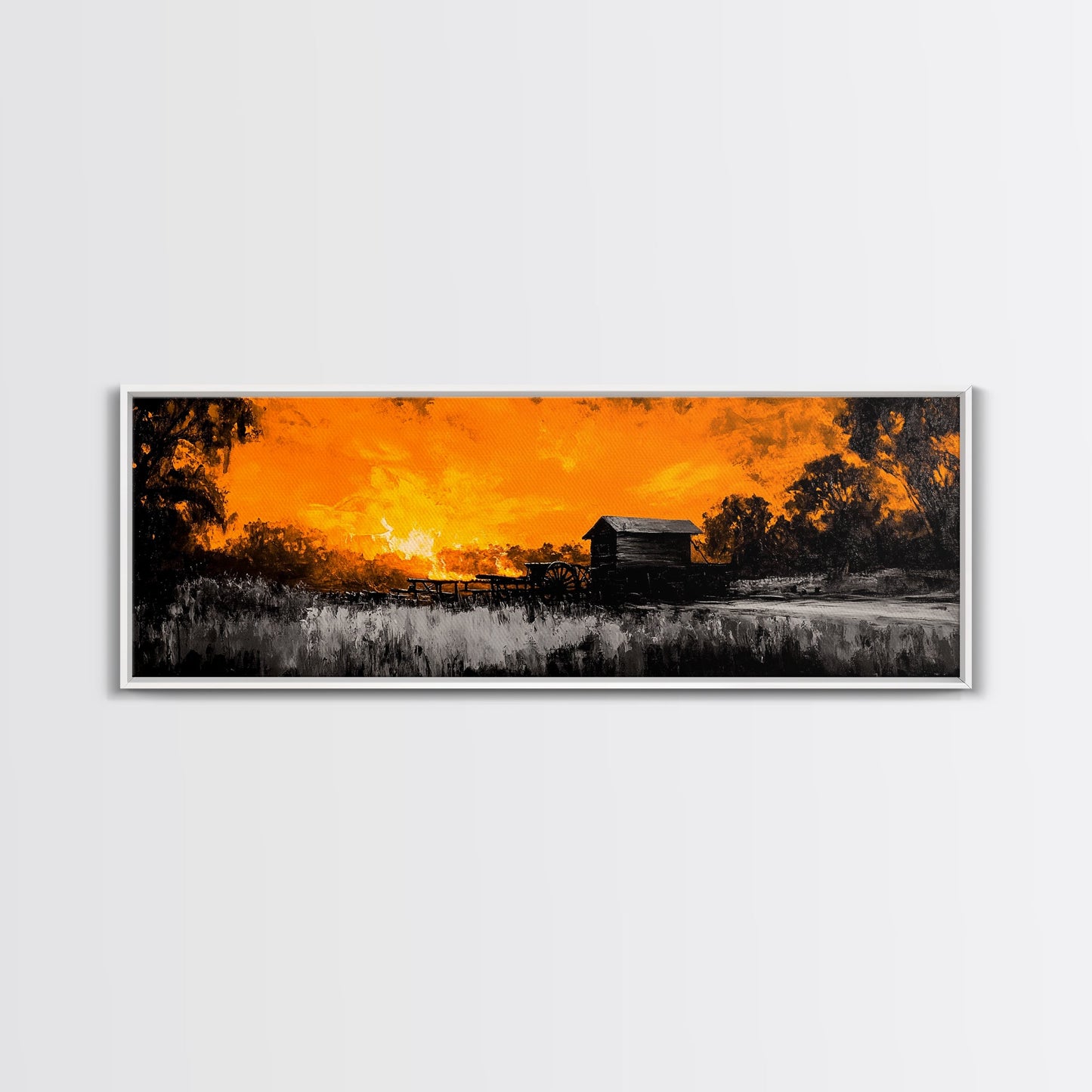 Farm Sunset, Old Barn, Fiery Sky, Rustic Landscape, Framed Canvas Print, Country Wall Art, Western Home Decor, Harvest Season Artwork