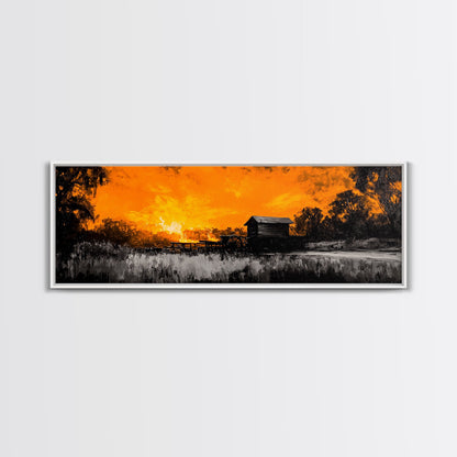 Farm Sunset, Old Barn, Fiery Sky, Rustic Landscape, Framed Canvas Print, Country Wall Art, Western Home Decor, Harvest Season Artwork