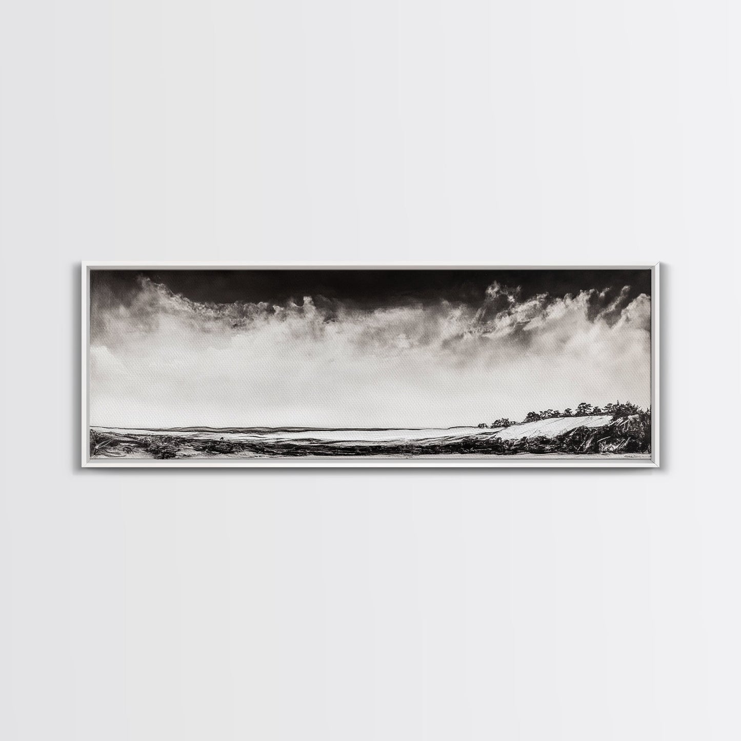 Minimalist Landscape, Black and White Art, Cloudy Sky, Framed Canvas Print, Modern Wall Art, Neutral Home Decor, Monochrome Landscape