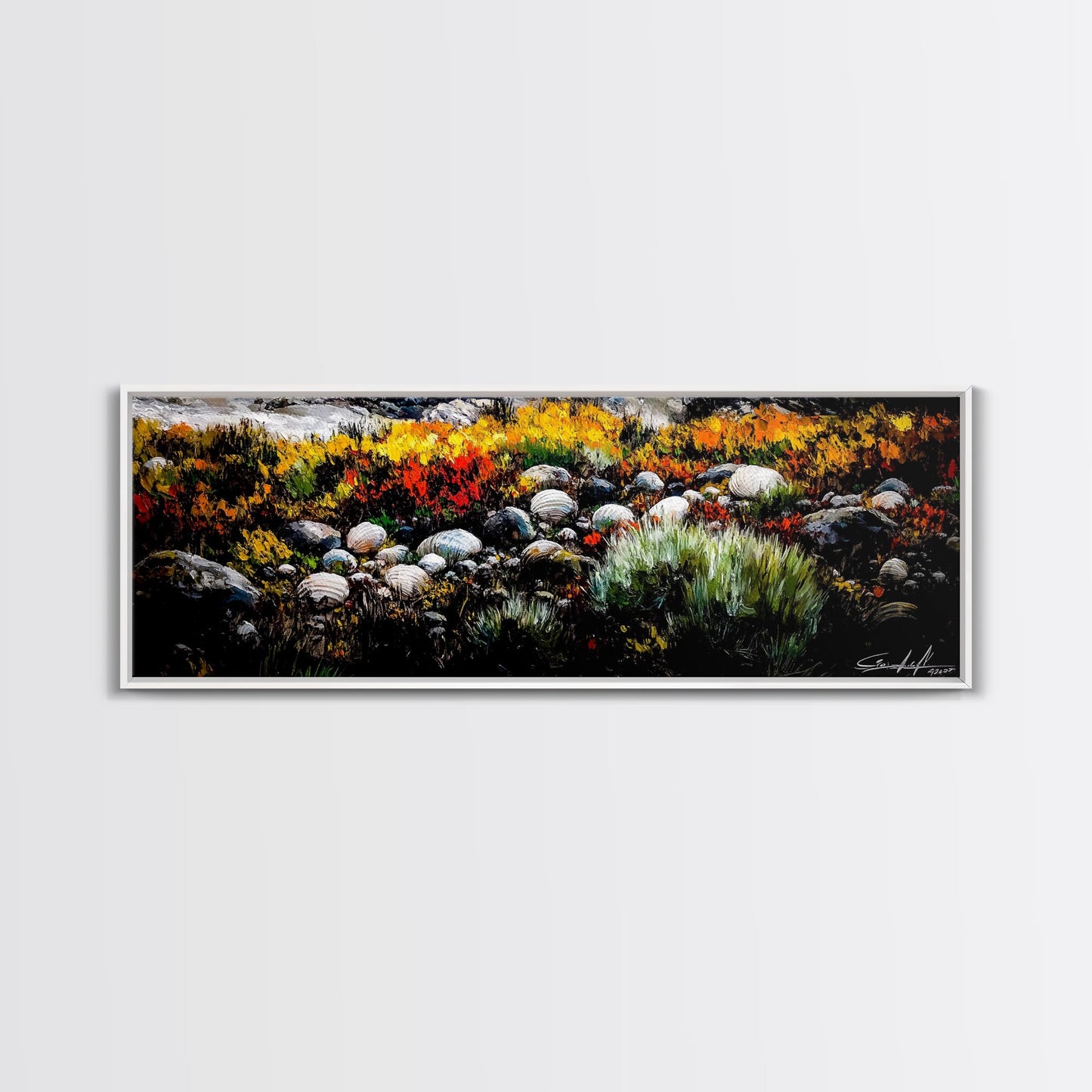 Rocky Shoreline, Wildflowers, Coastal Landscape, Framed Canvas Print, Autumn Beach Scene, Rustic Nature Painting, Entryway Wall Art