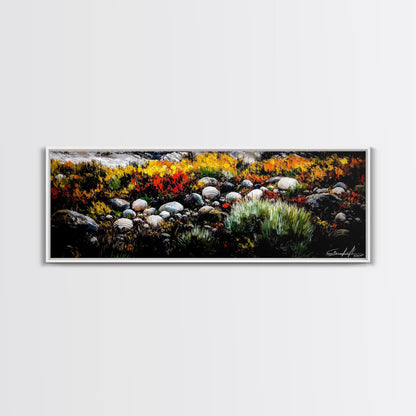 Rocky Shoreline, Wildflowers, Coastal Landscape, Framed Canvas Print, Autumn Beach Scene, Rustic Nature Painting, Entryway Wall Art