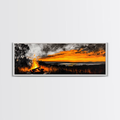 Sunset Bonfire, Rustic Art, Cozy Cabin Decor, Canvas Print, Fall Landscape, Nature Wall Art, Warm Glow Artwork, Mountain Retreat Art