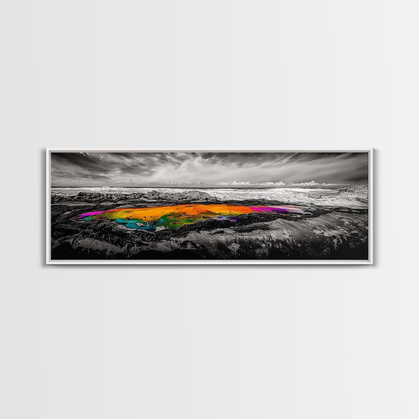 Vibrant Ocean Rock, Colorful Pool, Dramatic Sky, Canvas Print, Abstract Seascape, Modern Wall Art, Unique Art Piece, Living Room Decor