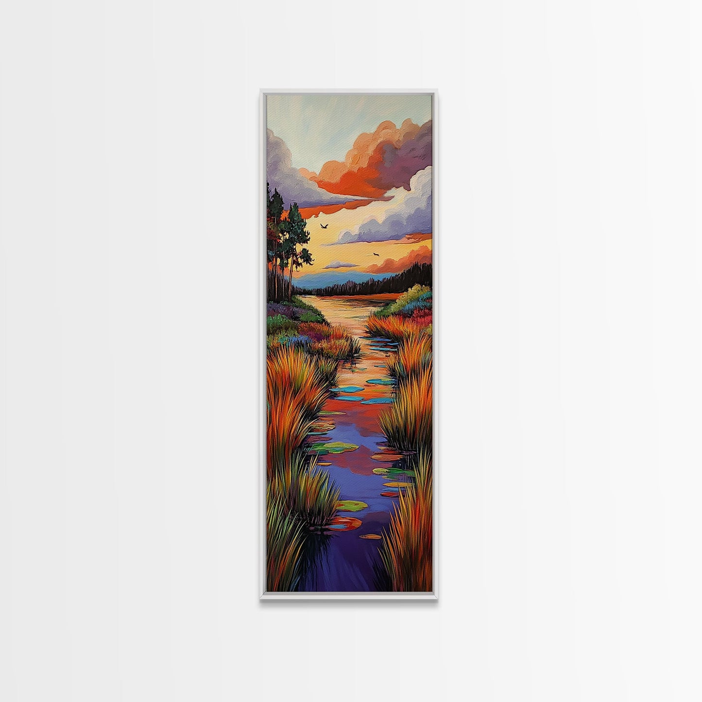 Autumn, River, Sunset, Painting, Framed Canvas Print of colorful river marsh landscape, Fall wall decor, rustic living room boho art