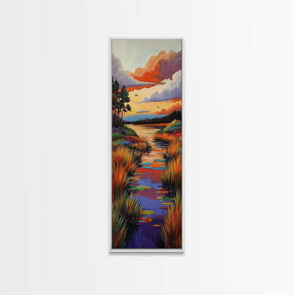 Autumn, River, Sunset, Painting, Framed Canvas Print of colorful river marsh landscape, Fall wall decor, rustic living room boho art