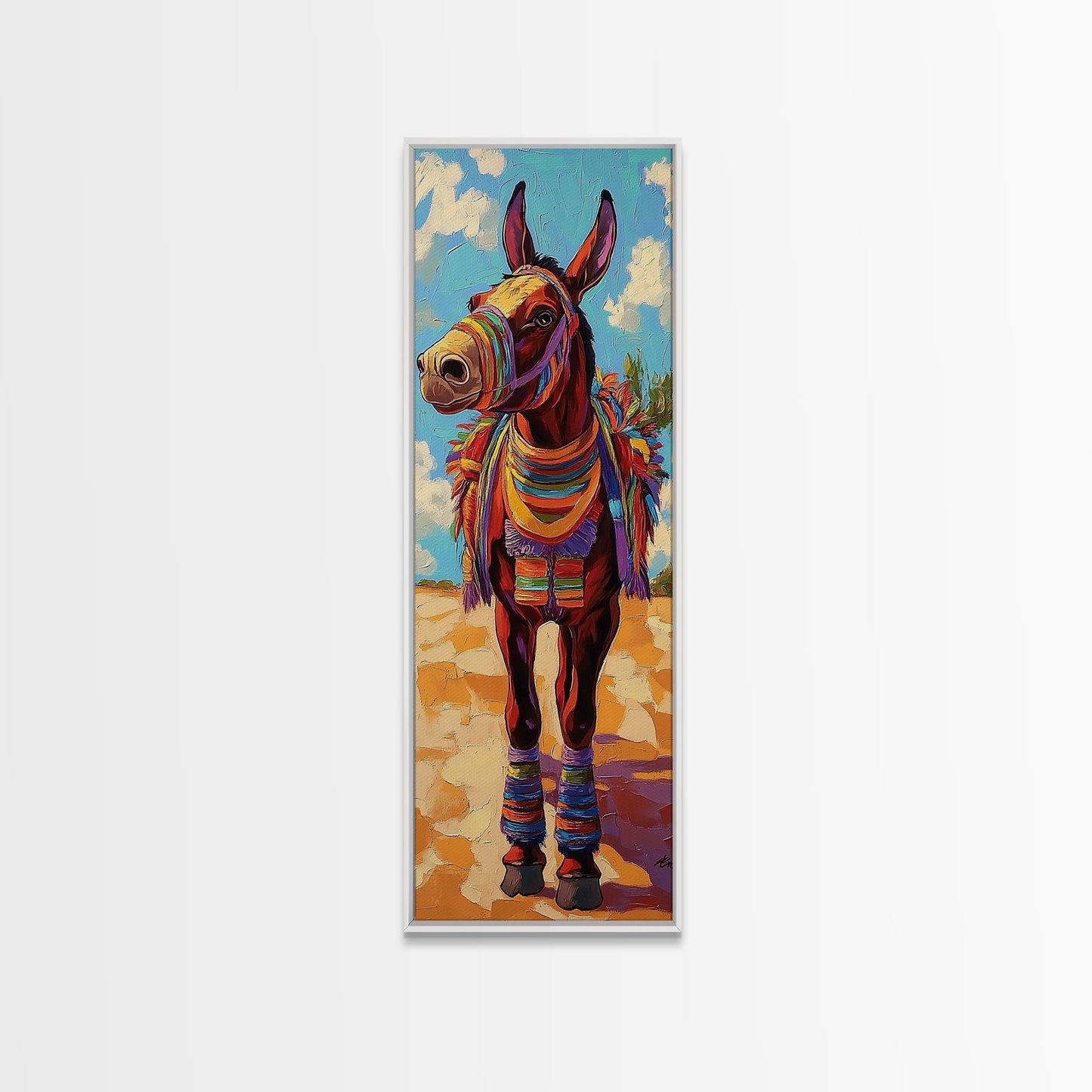 Donkey, Fiesta, Colorful, Fun, Framed Canvas Print with southwestern folk art, playful animal design, boho kids room, kitchen decor