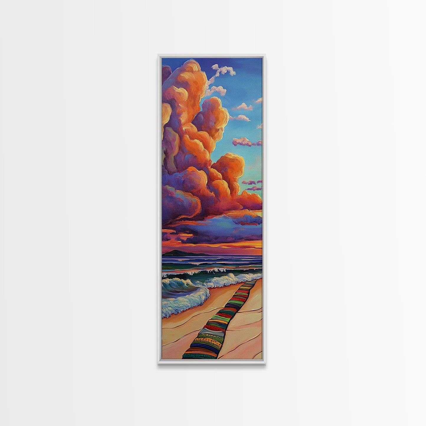 Ocean, Sunset, Blankets, Beach - Framed Canvas Print, Cozy Coastal Wall Art, Warm Sunset Beach Decor, Serene Bedroom, Entryway Accent