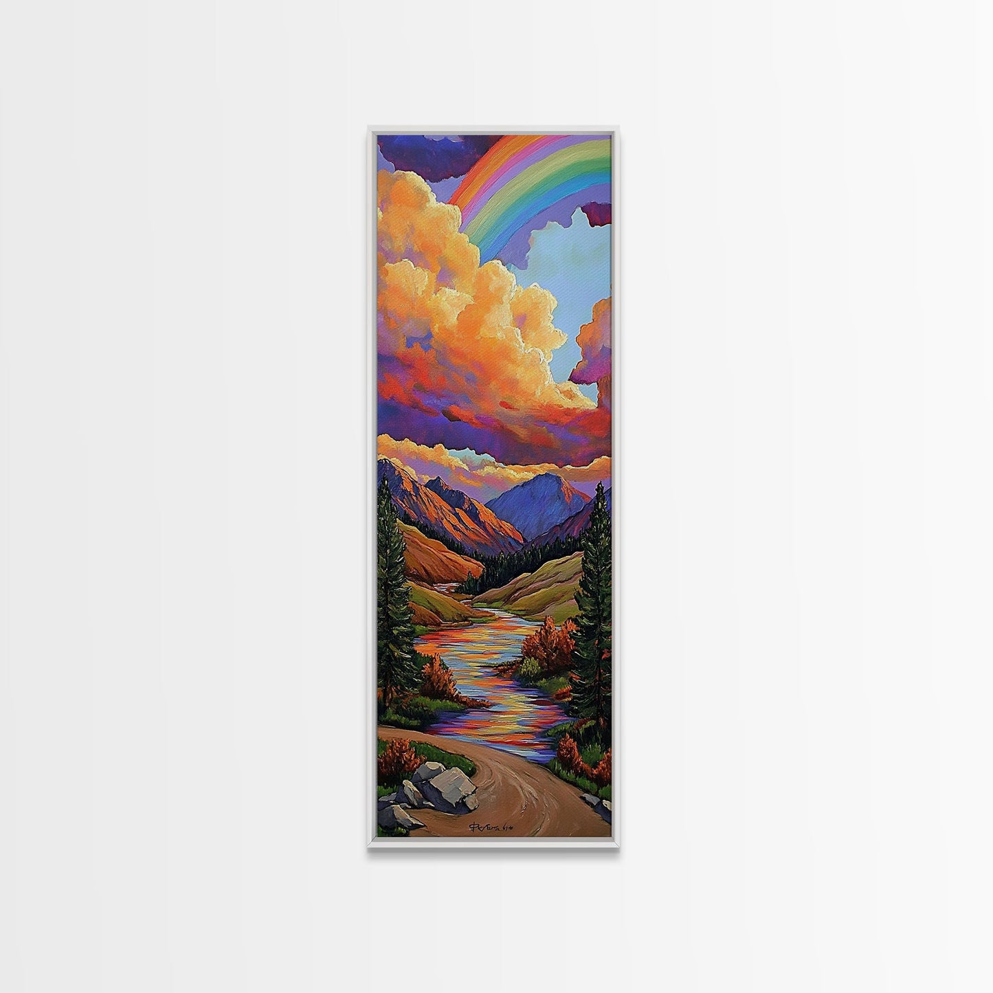 Rainbow Mountains, Sunset, Reflection, Framed Canvas Print, Rainbow landscape canvas, colorful scenic view, cabin wall art, mountain decor