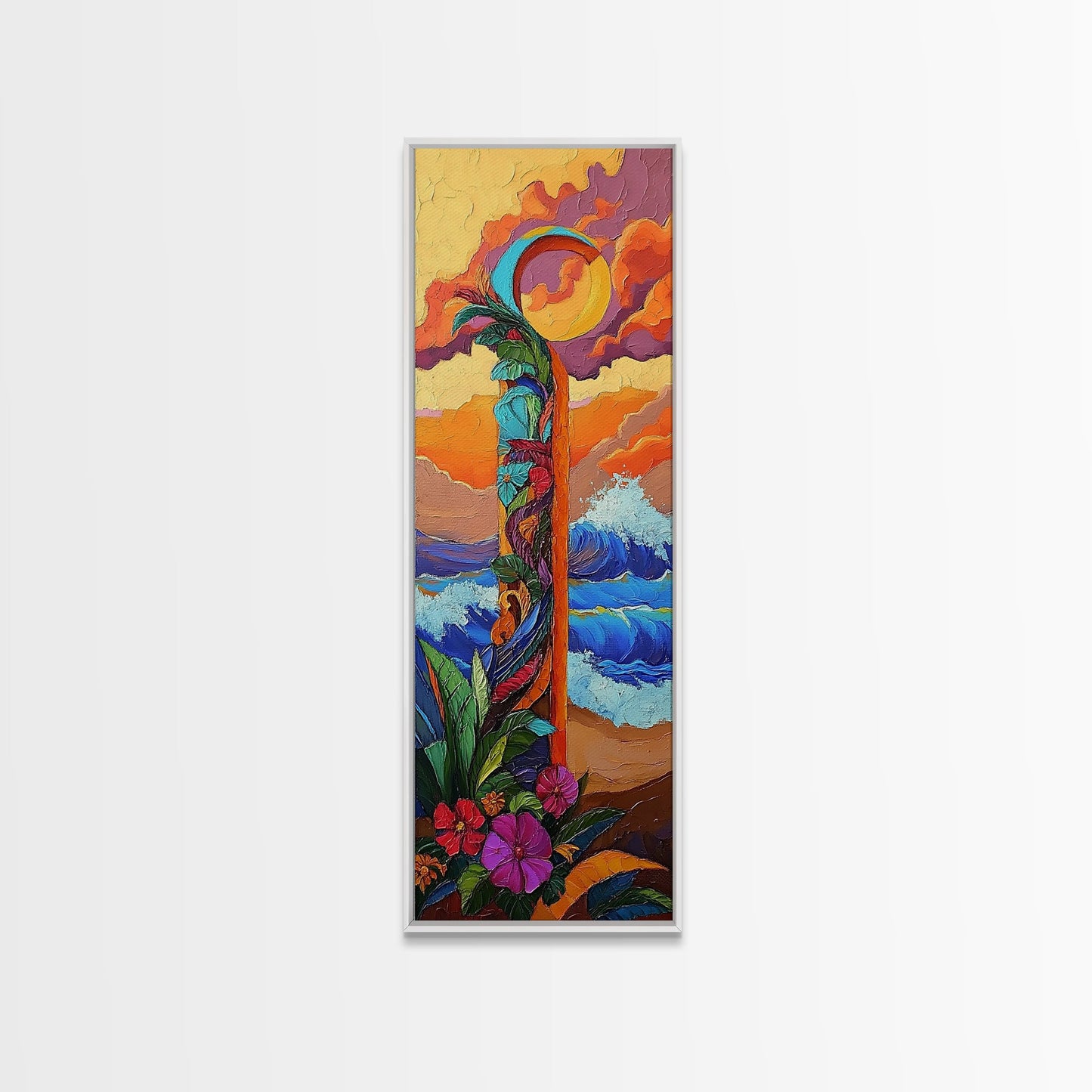 Sunset Waves, Flowers, Canvas Print, Tropical sunset beach painting with waves and floral details, boho decor, hallway wall art