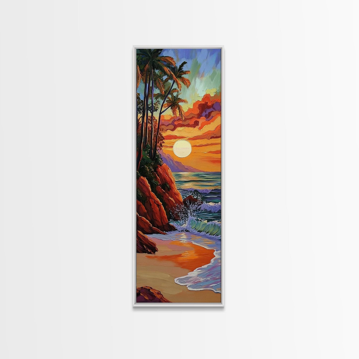 Tropical Sunset, Palms, Beach Framed Canvas Print vibrant tropical sunset scene, palm tree ocean art, vacation vibes, hallway wall print