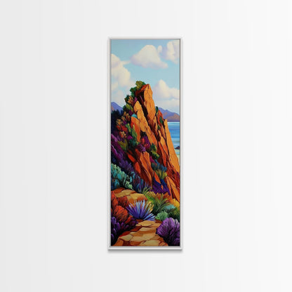 Cliff Trail, Seaside, Vista, Framed Canvas Print, nature hiking trail painting, boho wall decor, mountain sea view artwork, living room print