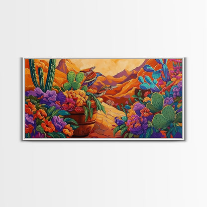 Birds Cactus, Blossoms, Bright Nature Framed Canvas Print, Desert Floral Wall Decor, Southwest Living Room Boho Wall Art