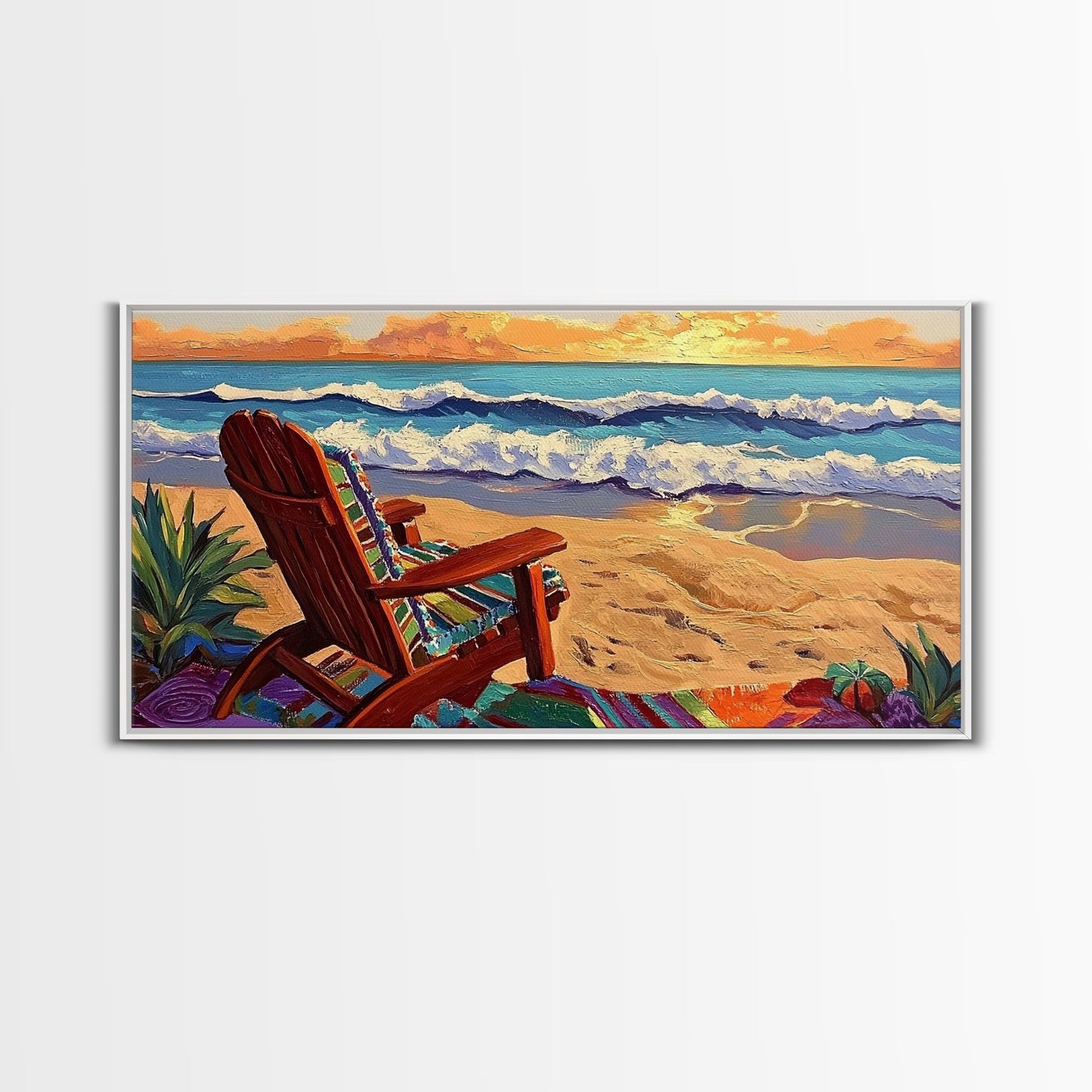 Chair Ocean, Sunset, Framed Canvas Print, Tranquil Beach Chair Painting, Relaxing Seaside Wall Decor, Zen Office Artwork