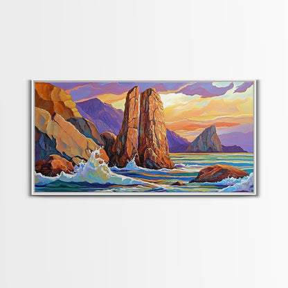 Ocean Rocks, Waves, Sunrise, Framed Canvas Print, Coastal Landscape Art, Nautical Beach Wall Decor, Ocean Sunset Art, Bedroom Accent