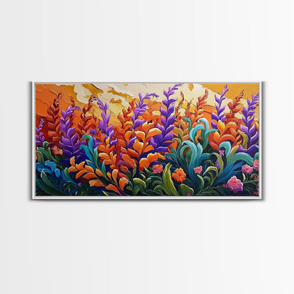 Flowers Sunset, Vibrant, Nature, Framed Canvas Print, Fall Wildflower Art, Boho Floral Wall Decor, Kitchen or Entryway Accent