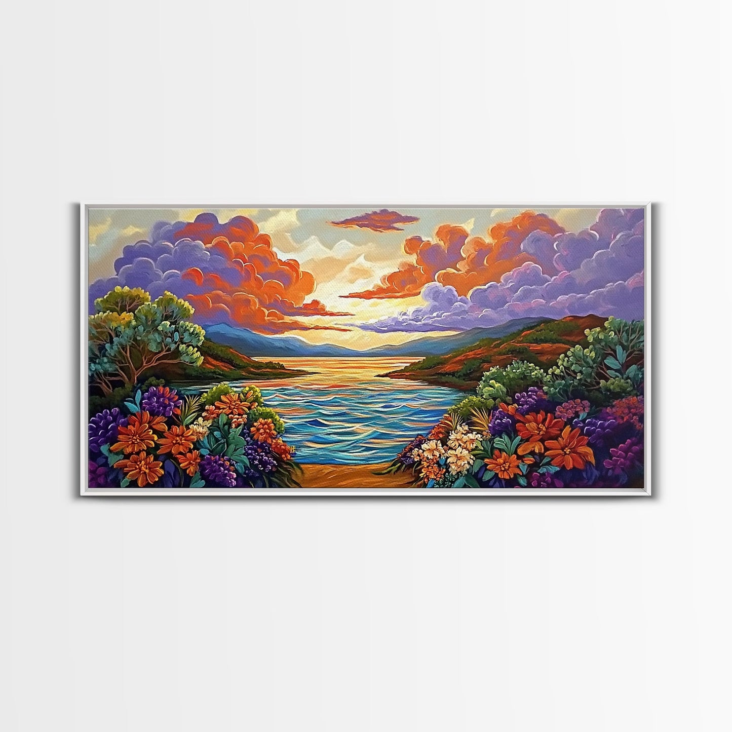 Sunset Floral, Lake, Garden, Framed Canvas Print, romantic nature painting, bedroom wall art, bright flower garden decor, sunset print