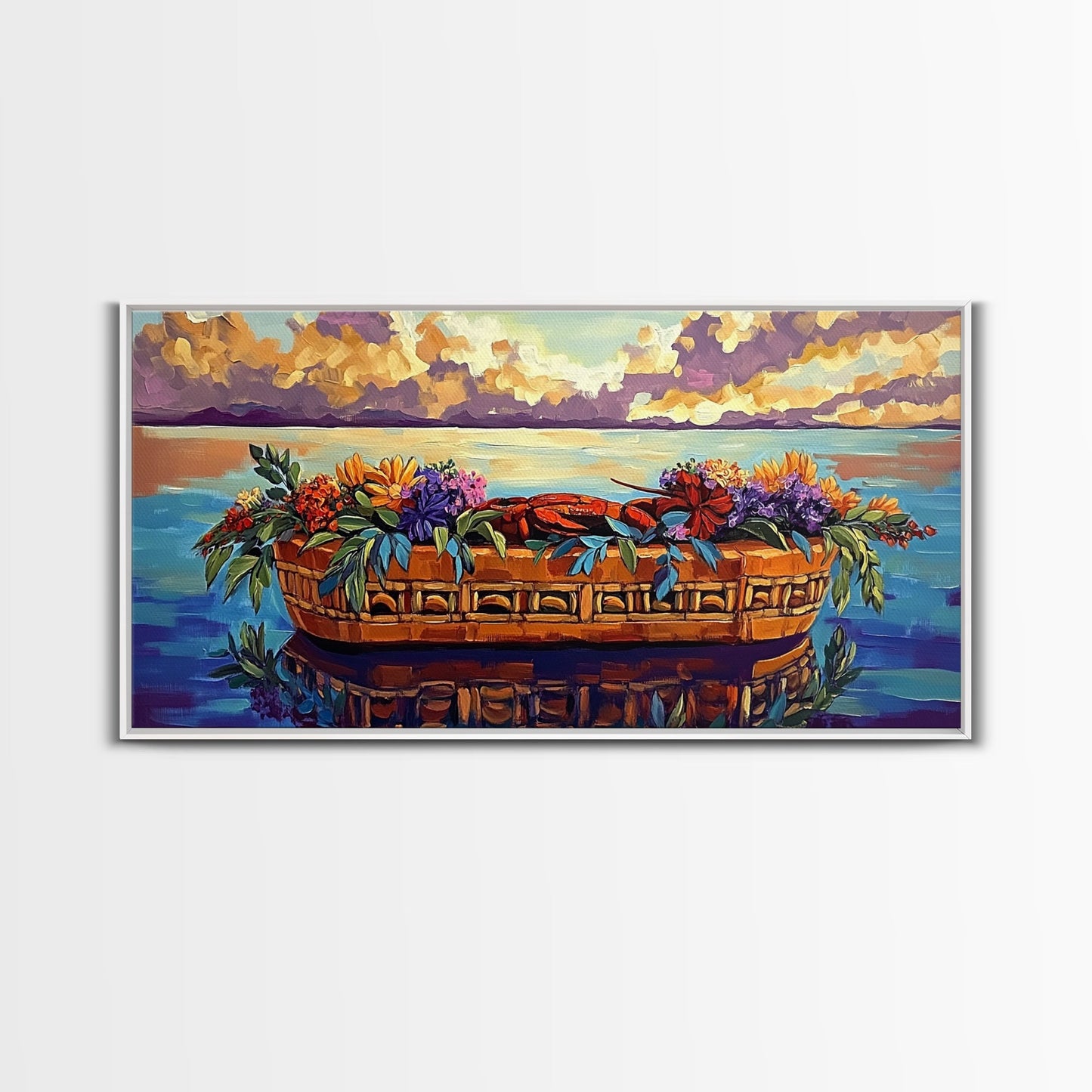 Lobster Basket, Florals, Coastal, Canvas Print, Nautical seafood kitchen wall art, whimsical ocean dining decor, coastal flower boho art