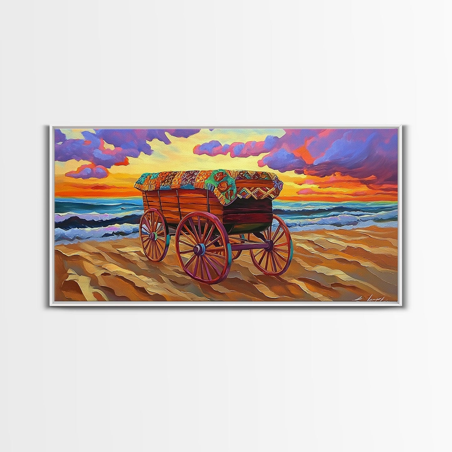 Beach Wagon, Sunset, Decor, Framed Canvas Print western wall art, desert decor, living room boho art, rustic coastal art, beach house