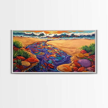 Ocean Stream, Sunset, Framed Canvas Print, Vibrant Beach Painting, Surf Wall Art, Coastal Decor, Sunset Seascape, Colorful Nature Art