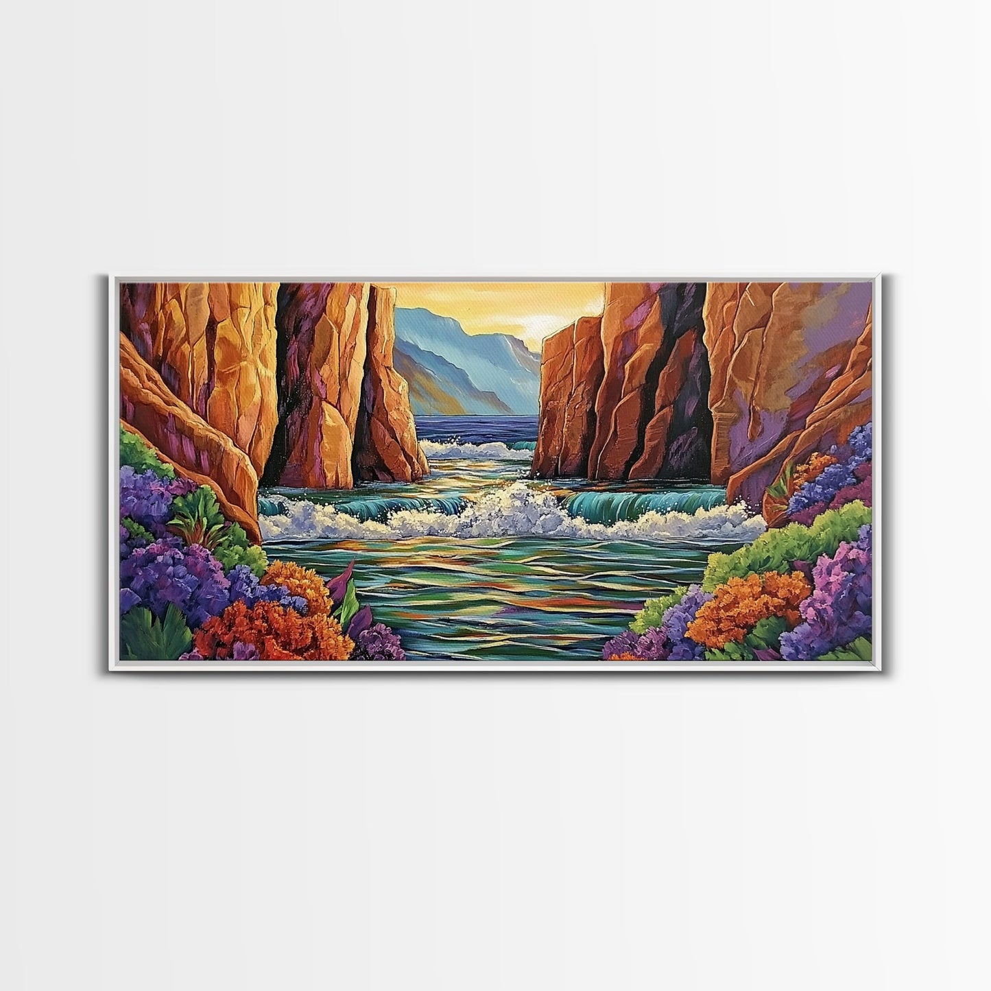 Canyon Cliffs, Ocean View, Sunset Water, Framed Canvas Print, Vibrant Landscape Wall Art, Office or Entryway Nature Decor