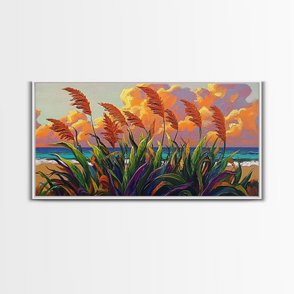 Coastal Sunset, Grasses, Canvas Print, Autumn Beach Landscape Art, Boho Living Room Wall Decor, Colorful Nature Painting
