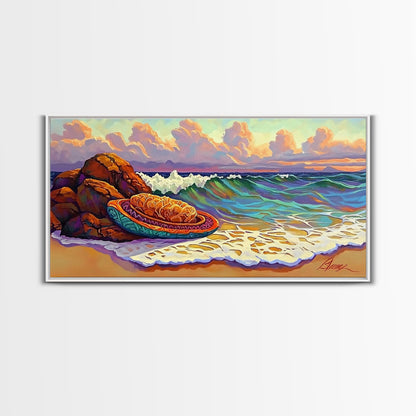 Conchas Beach, Sunset, Waves, Canvas Print, Mexican sweet bread art, kitchen wall decor, colorful bakery art, beach wall painting