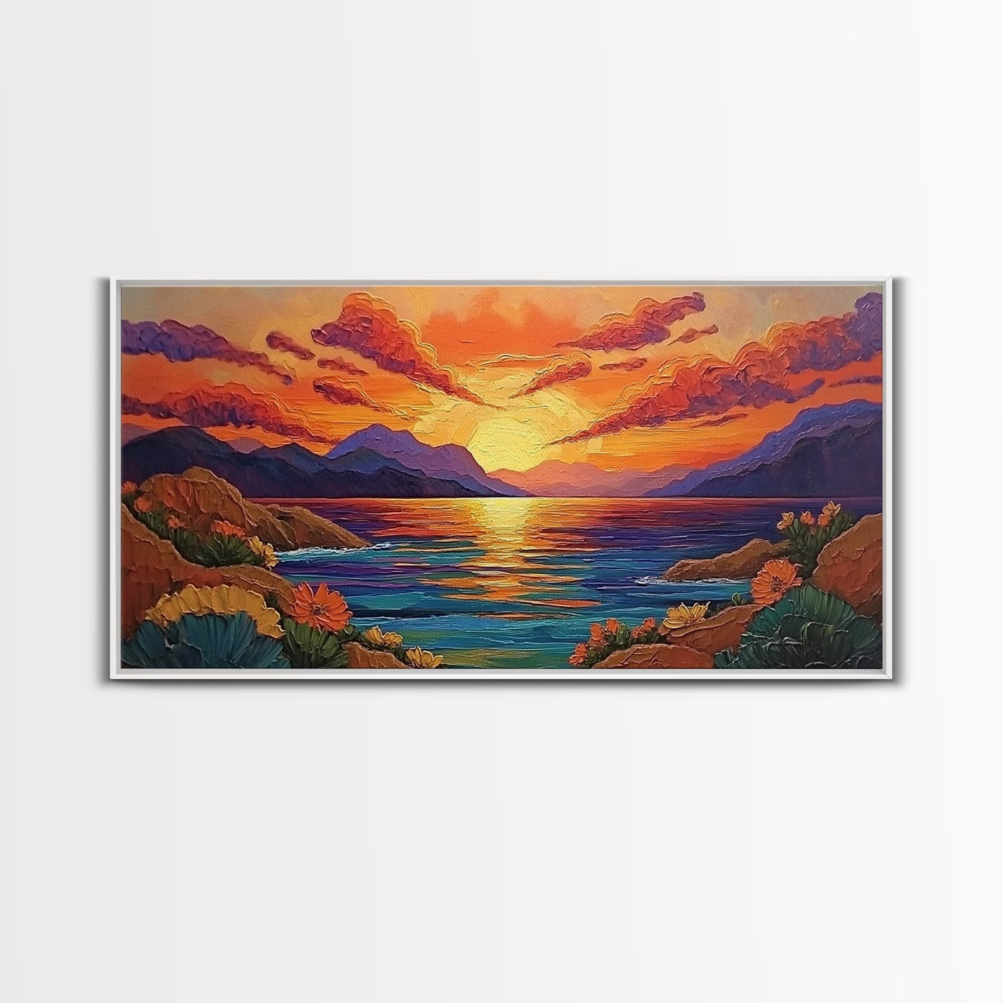 Sunset Coastal, Landscape, Vibrant Colors, Framed Canvas Print, Boho Beach Art, Living Room Wall Decor, Nature Painting, Summer Vibes