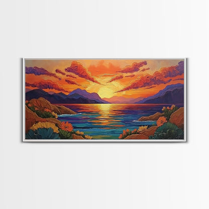 Sunset Coastal, Landscape, Vibrant Colors, Framed Canvas Print, Boho Beach Art, Living Room Wall Decor, Nature Painting, Summer Vibes
