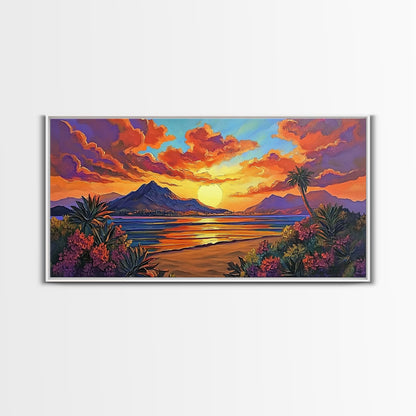 Mountains Tropical, Sunset, Palm Trees, Framed Canvas Print, Bold Landscape Art, Living Room Wall Decor, Sunset View, Boho Decor