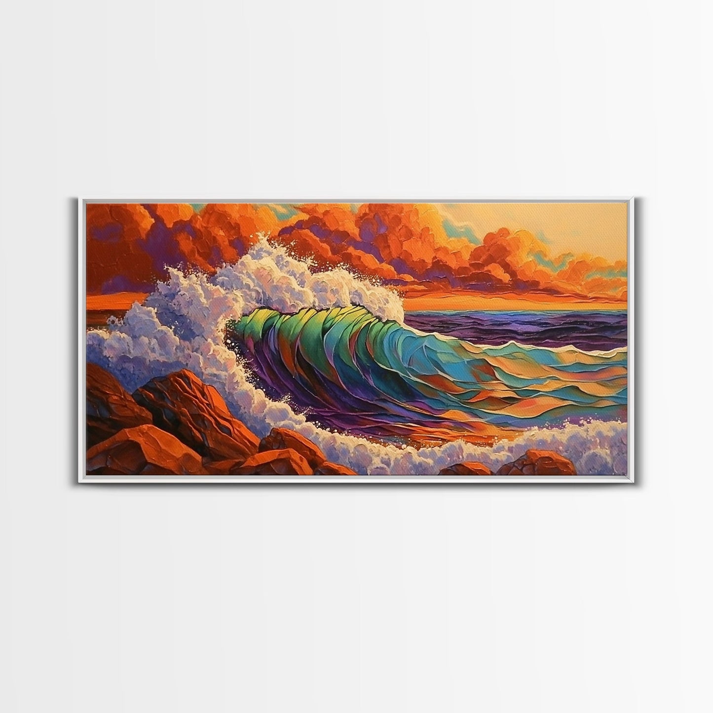Ocean Wave, Sunset, Crashing Surf, Framed Canvas Print, Colorful Coastal Art, Living Room Wall Decor, Seaside Painting, Bold Landscape