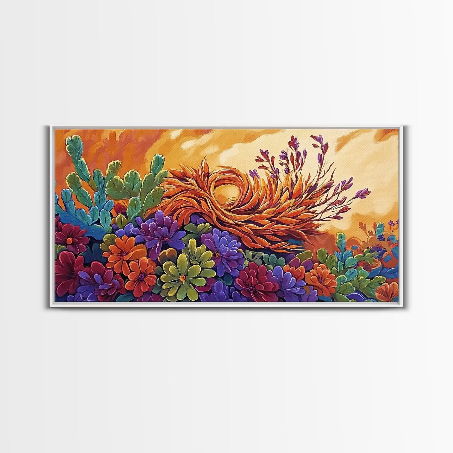 Succulent, Desert, Bloom, Sunset, Framed Canvas Print, Cactus boho art, colorful desert wall decor, Southwestern kitchen wall art