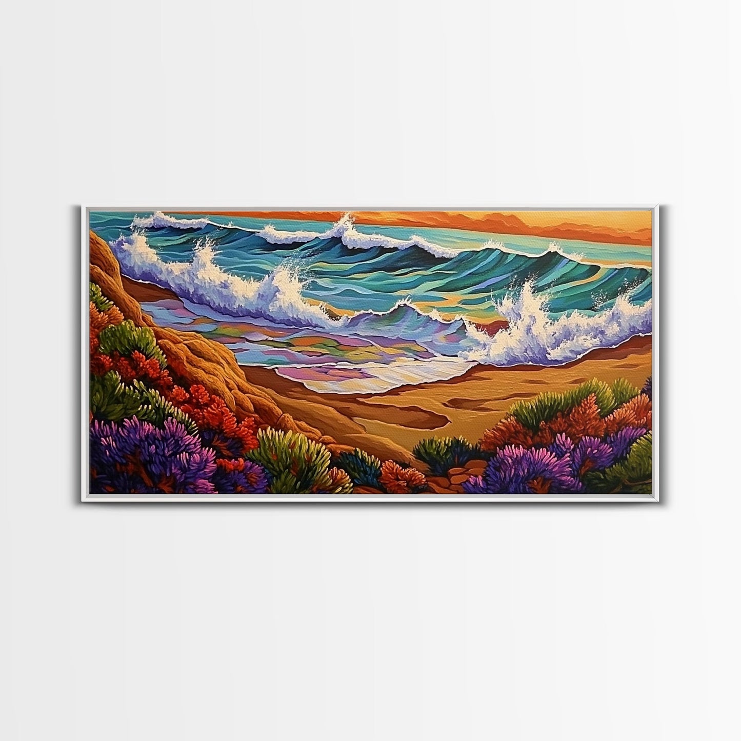 Wave Shoreline, Sunset Painting, Framed Canvas Print, vibrant crashing ocean waves, colorful rocks, Coastal Wall Art, tropical art