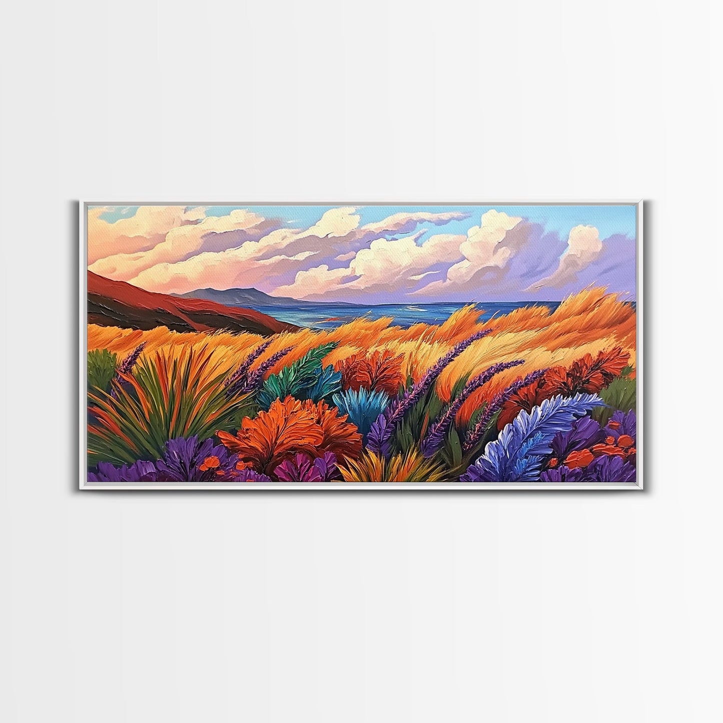 Golden Field, Coastal Landscape, Sunset, Colorful Grass, Ocean View, Large Wall Art, Living Room Wall Art, Canvas Print, Nature Decor