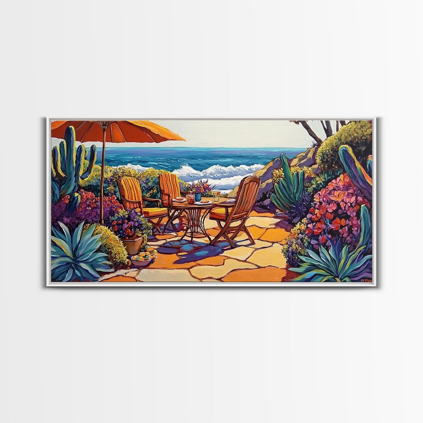 Patio, Ocean, Dining, Framed Canvas Print, Colorful seaside patio with umbrella and table scene, Summer vibes, Dining Room Wall Art