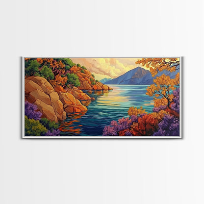 Mountain Lake, Trees, Reflection, Canvas Print with vivid autumn landscape painting, living room wall art, boho nature decor