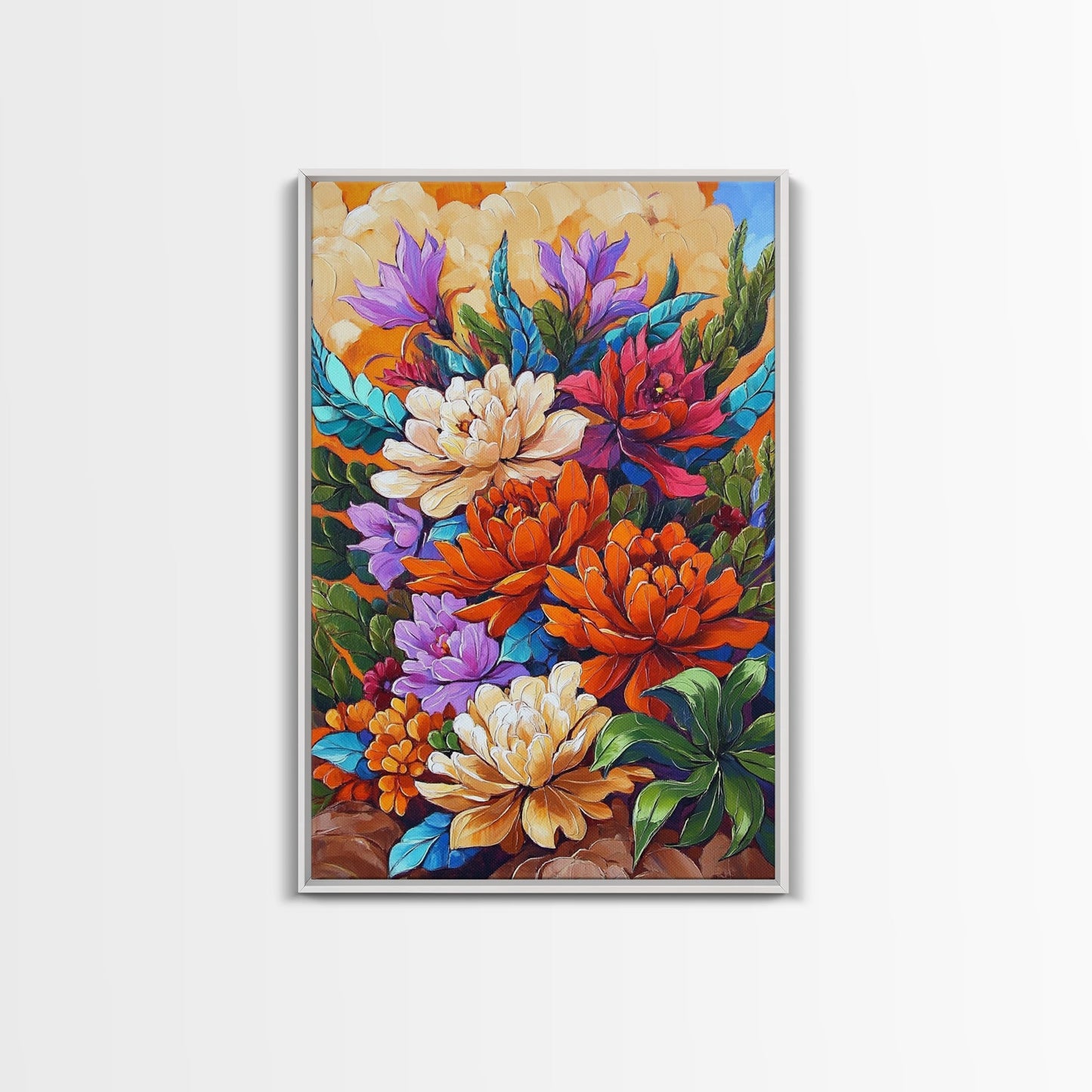 Floral Boho, Bright, Fall, Canvas Print vibrant flower bouquet wall art, fall floral wall decor, dining room print, bohemian art gift