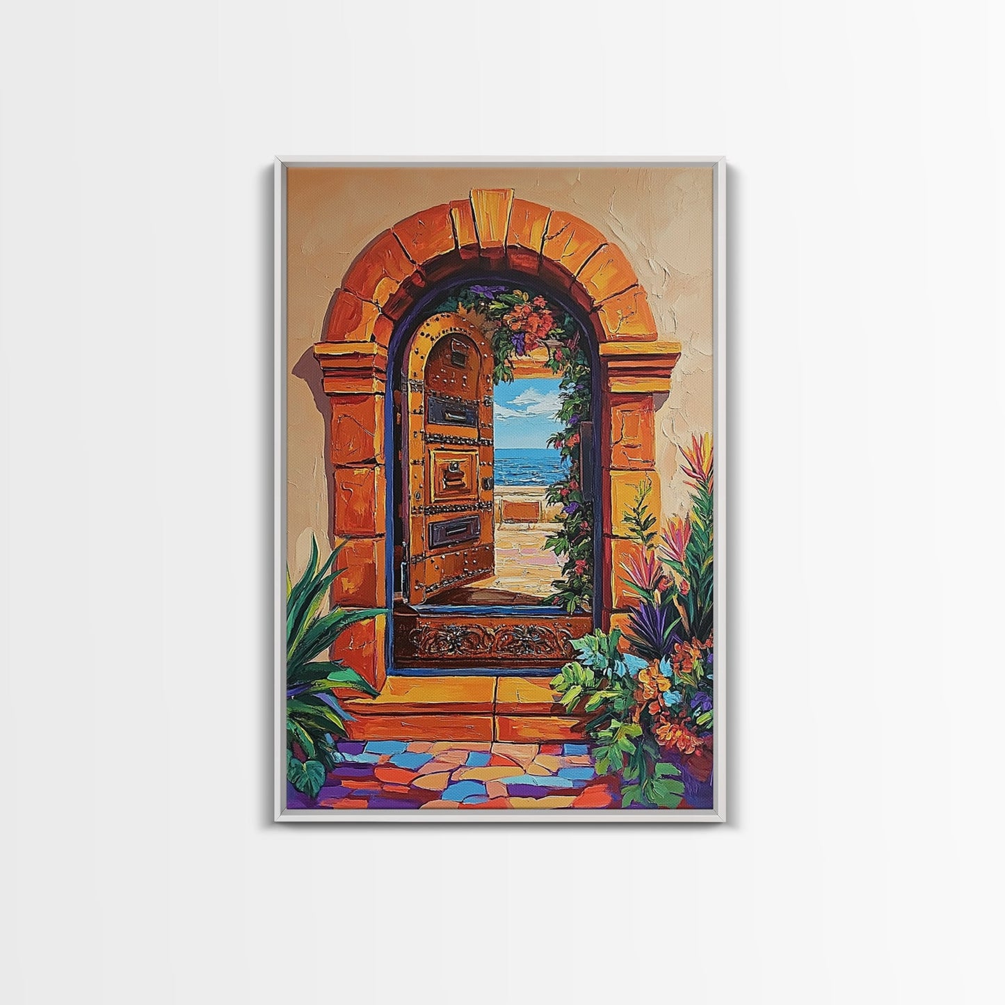 Doorway Ocean, View, Escape, Framed Canvas Print, Mediterranean coastal decor, boho travel wall art, vibrant entryway art, hallway decor