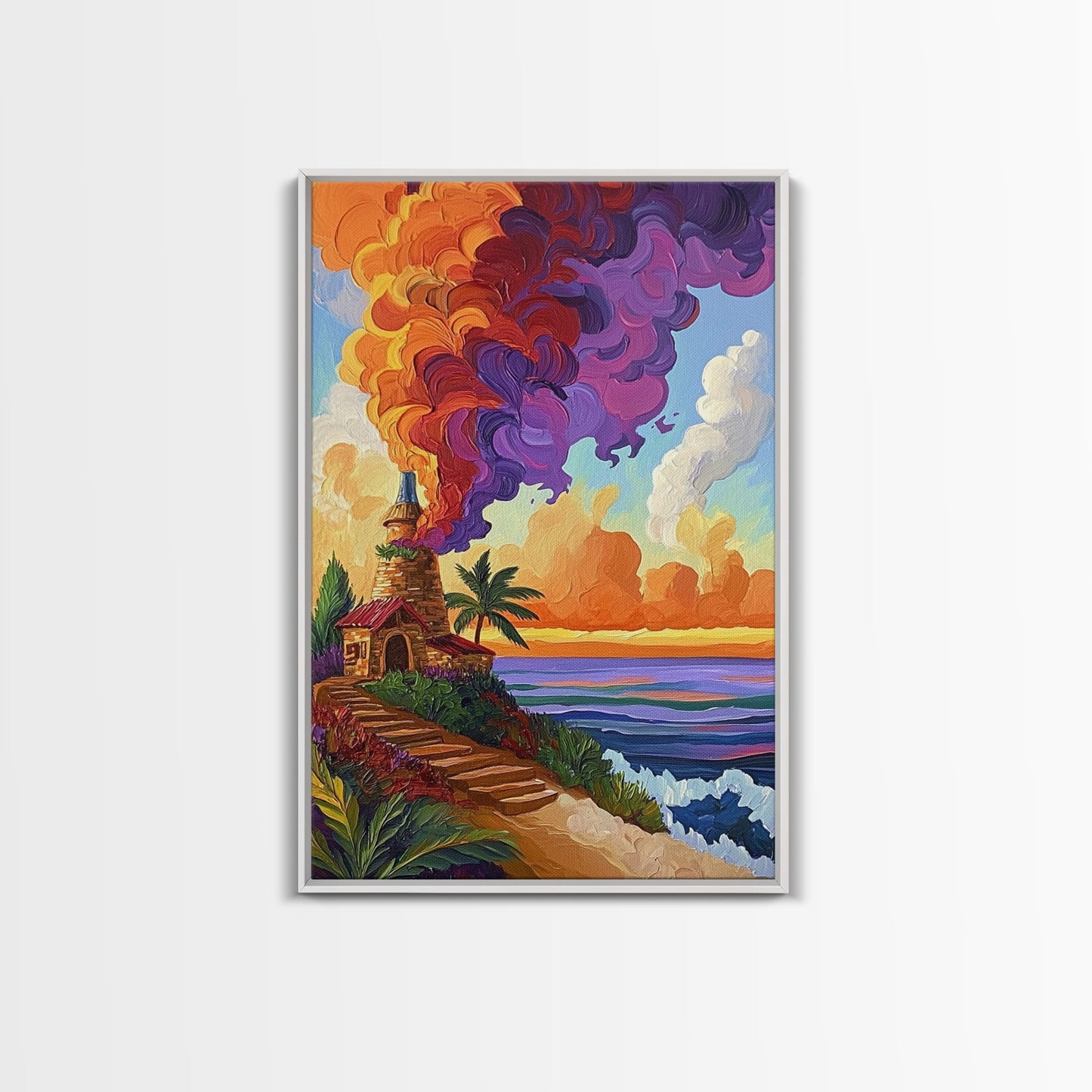 Lighthouse Sunset, Tropical, Path, Canvas Print, Colorful coastal home décor, beach house art, tropical living room wall painting