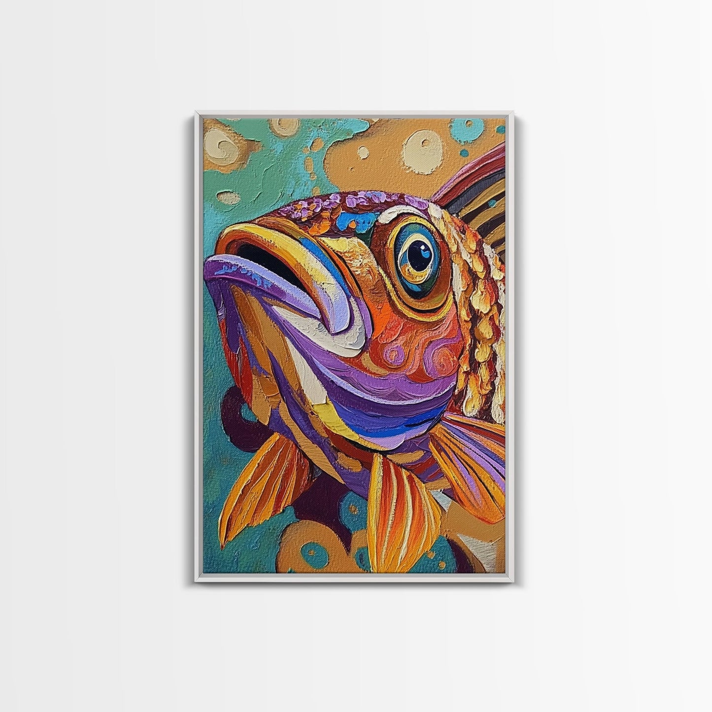 Fish Colorful, Tropical, Bold, Framed Canvas Print, vibrant ocean art, coastal bathroom decor, abstract tropical fish painting, boho beach