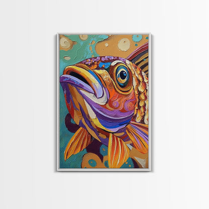 Fish Colorful, Tropical, Bold, Framed Canvas Print, vibrant ocean art, coastal bathroom decor, abstract tropical fish painting, boho beach