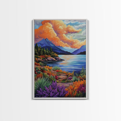 Lake Mountains, Sunset, Autumn, Framed Canvas Print serene mountain lake sunset wall art, vibrant Autumn landscape canvas, cozy cabin decor