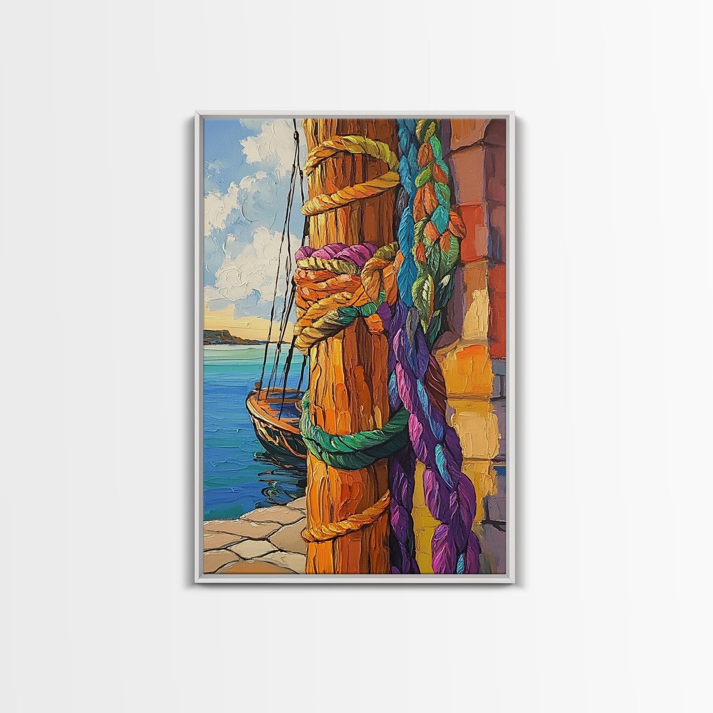 Boat Dock, Ropes, Framed Canvas Print, Nautical Coastal Wall Art, Vibrant Marina Scene, Boho Seaside Decor, Bathroom art, Office Wall Art
