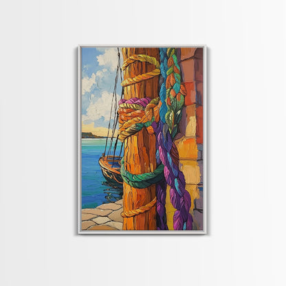 Boat Dock, Ropes, Framed Canvas Print, Nautical Coastal Wall Art, Vibrant Marina Scene, Boho Seaside Decor, Bathroom art, Office Wall Art