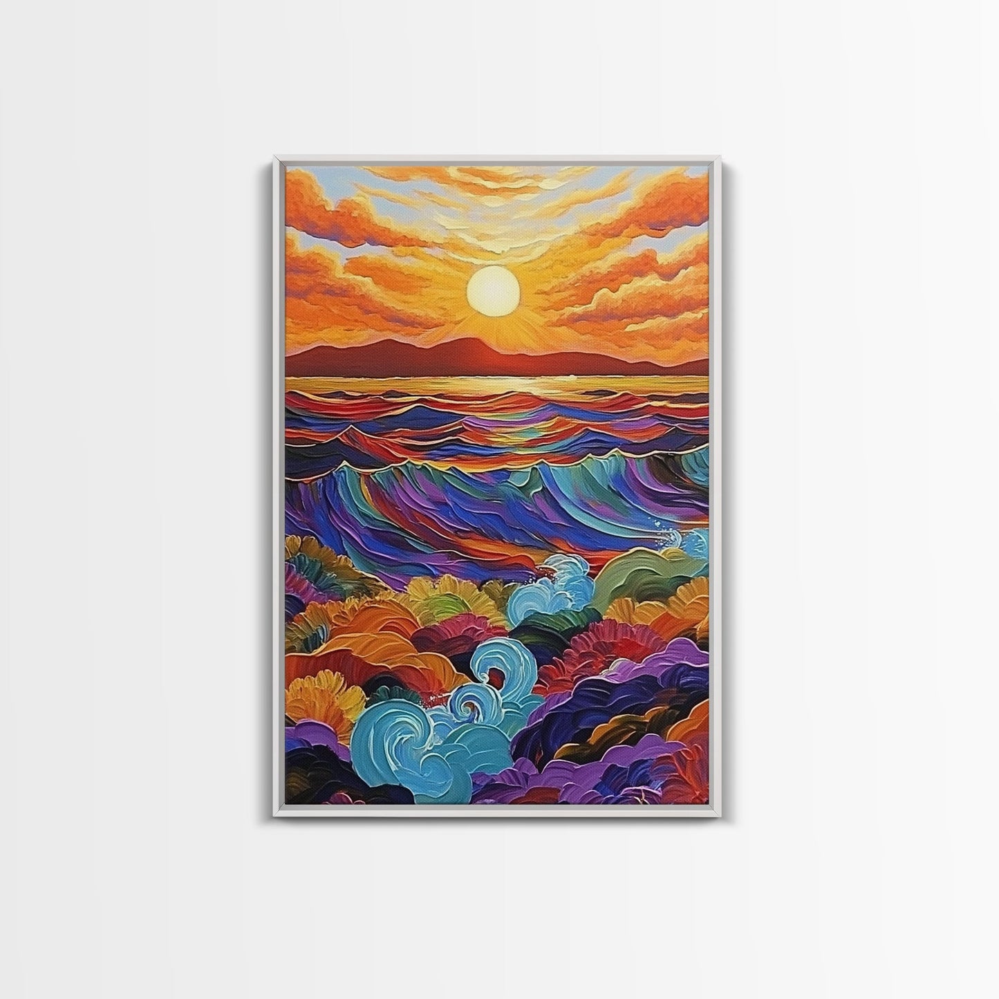 Sunset Ocean, Waves, Framed Canvas Print, Vibrant Abstract Seascape Wall Art, Colorful Ocean Decor, Living Room Statement Art