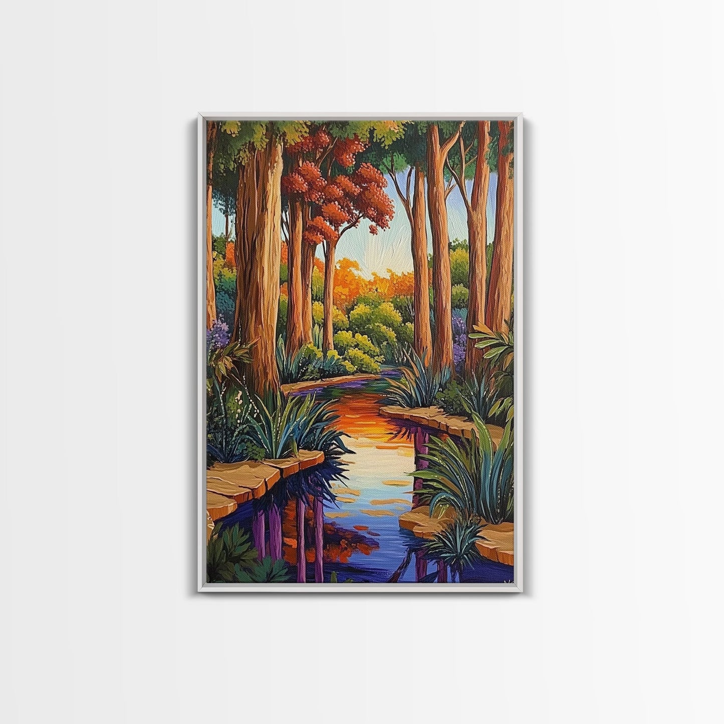 Forest Creek, Autumn, Framed Canvas Print, Tranquil Fall Landscape Wall Art, Vibrant Nature Decor, Woodland Boho Style, Bedroom Wall Art