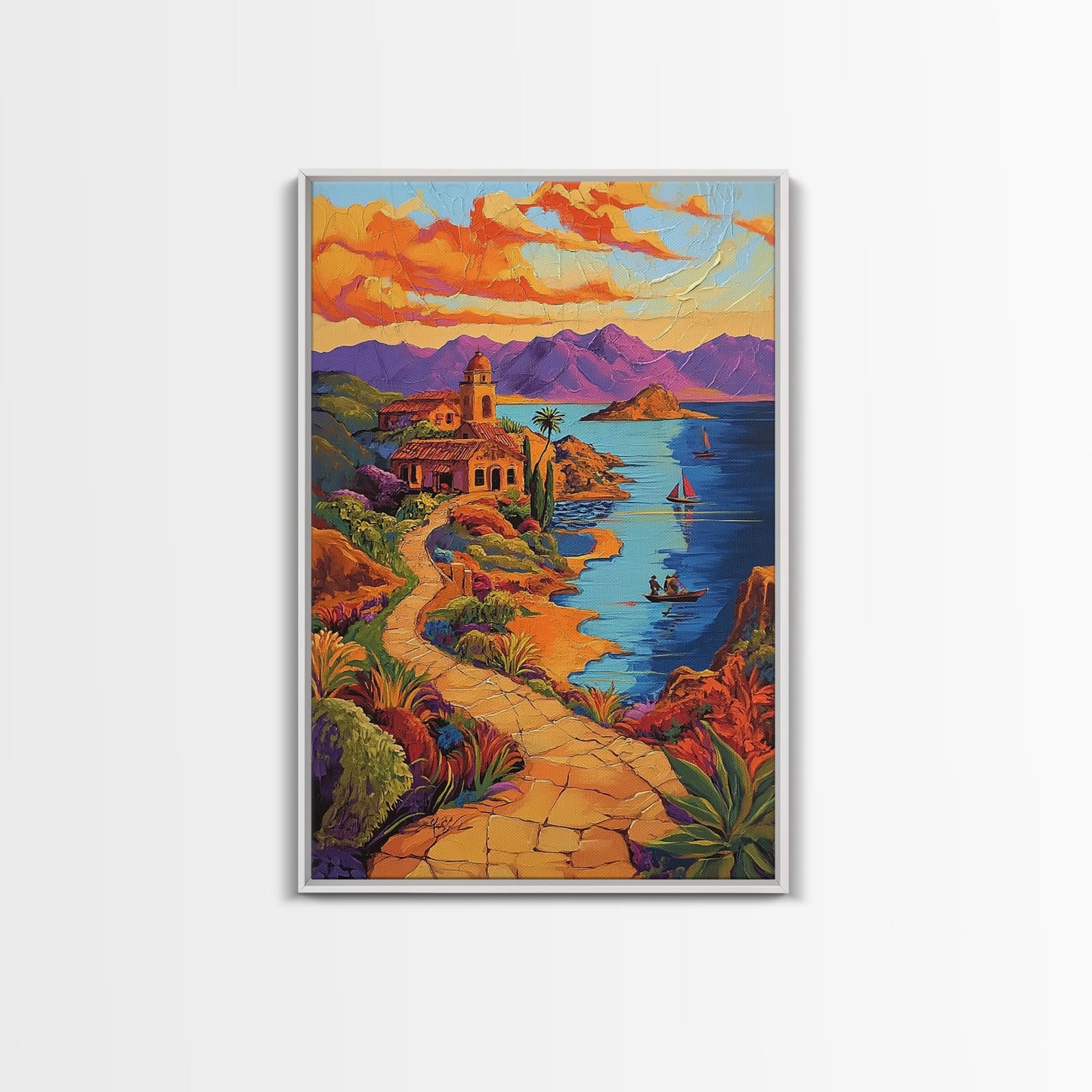 Coastal Village, Pathway, Sunset, Framed Canvas Print, Mediterranean coastal art, colorful landscape painting, boho living room wall decor