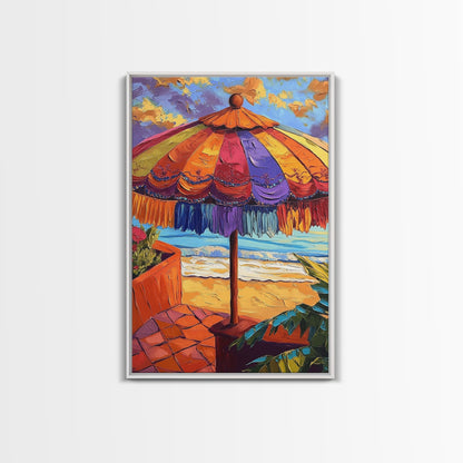 Beach Umbrella, Sunset, Framed Canvas Print, Tropical boho art, patio decor, summer beach vibe, colorful wall art, sunroom accent piece