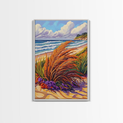 Ocean Dune, Grass, Coastal Beach Landscape Wall Decor, Nature Lover Gift, Living Room Wall Art, Boho Style Framed Canvas Print