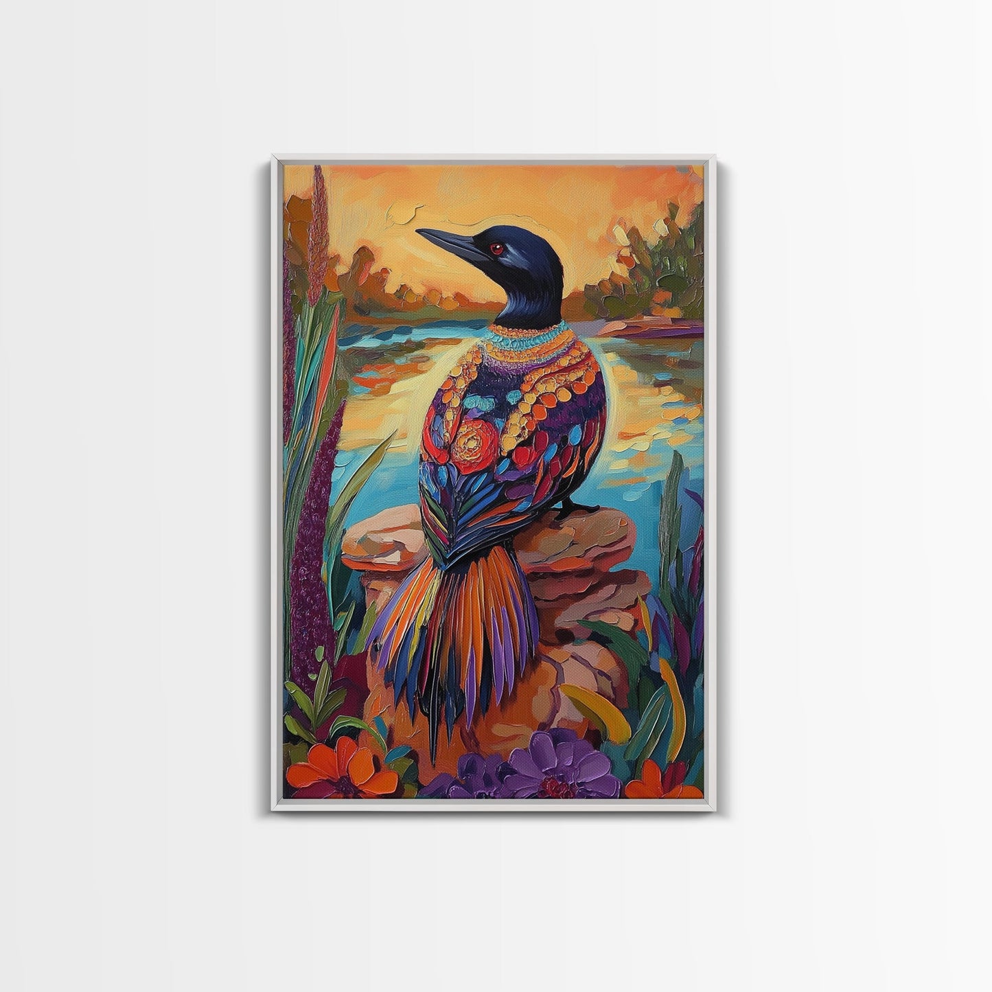 Jewel Loon, Sunset, Vibrant Bird Wall Art, Nature Wildlife Decor, Eclectic Home Accent, Living Room Boho Framed Canvas Print