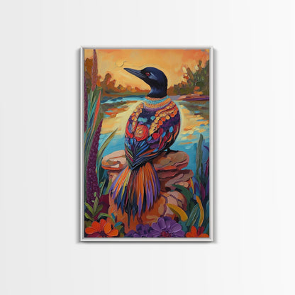 Jewel Loon, Sunset, Vibrant Bird Wall Art, Nature Wildlife Decor, Eclectic Home Accent, Living Room Boho Framed Canvas Print
